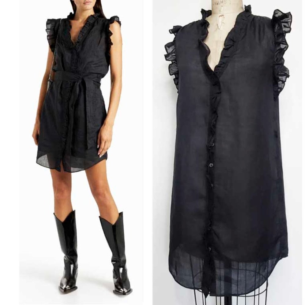FRAME Womens Lauren Ruffled Ramie-gauze Mini Dress In Black S